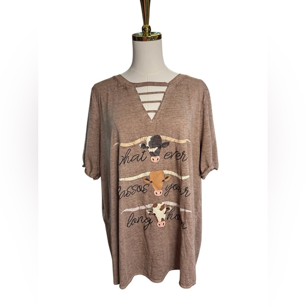 Brown Strappy V-Neck Whatever Lassos Your Longhorn Shirt Thin Size 18 / 20 Light